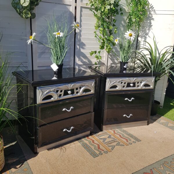 Bedside Cabinets - Pair - Modern - Black Silver - Lacquered